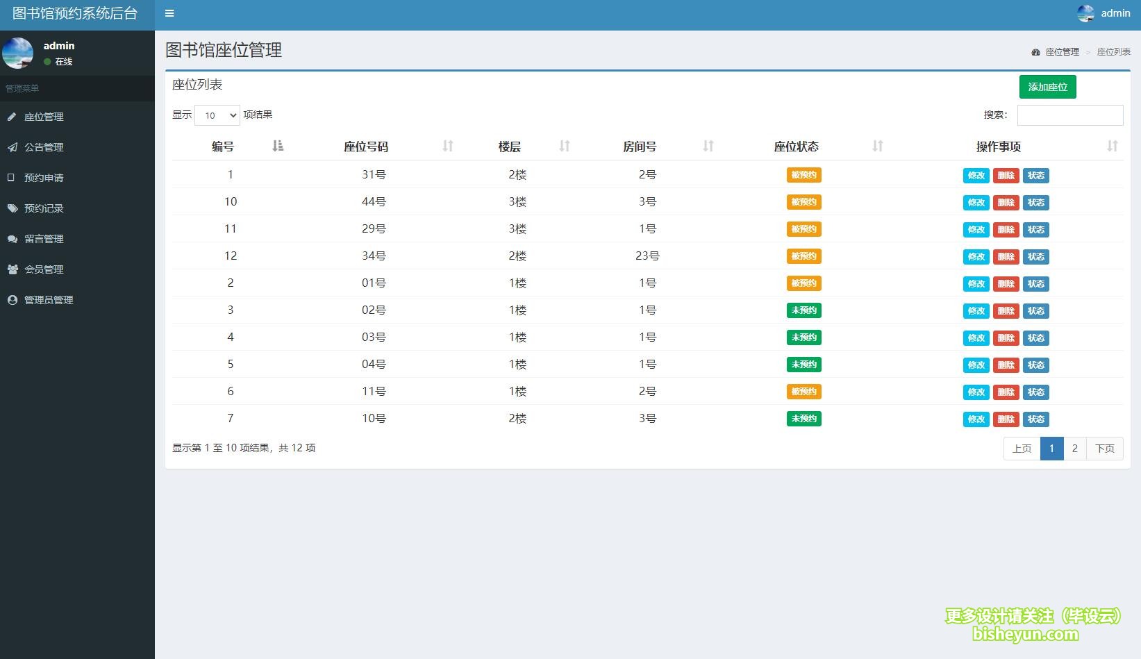 毕设云-基于php图书馆选座预约系统-座位管理