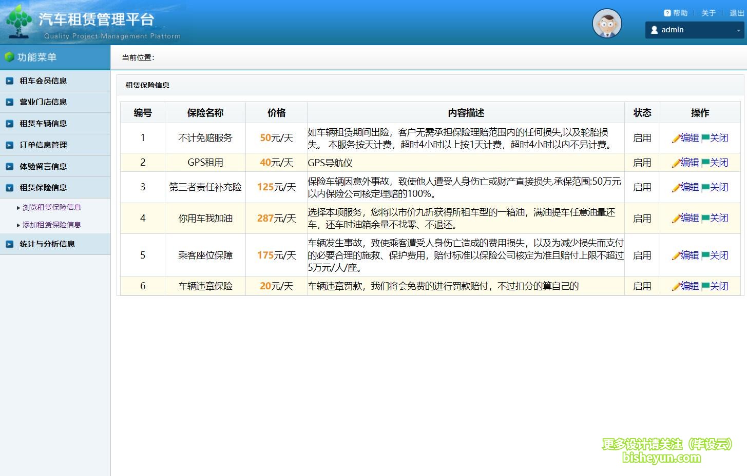 毕设云-基于java的汽车租赁管理系统-后台管理保险种类