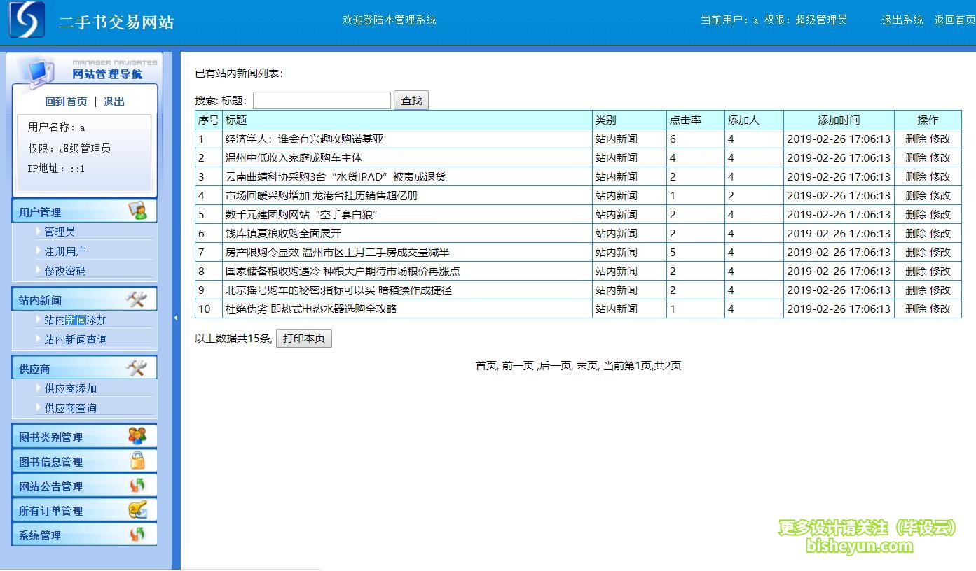 基于php二手书交易网站-站内新闻管理