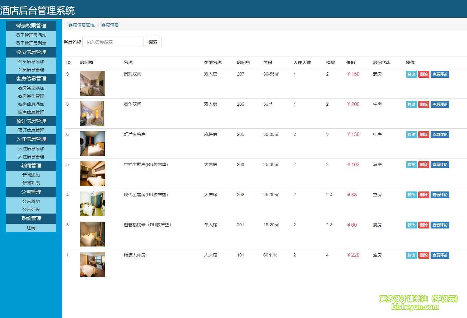 基于php酒店在线预定管理系统-客房管理