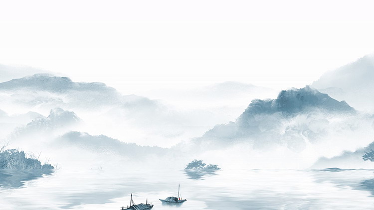 三张蓝色水墨群山泛舟古典中国风PPT背景图片