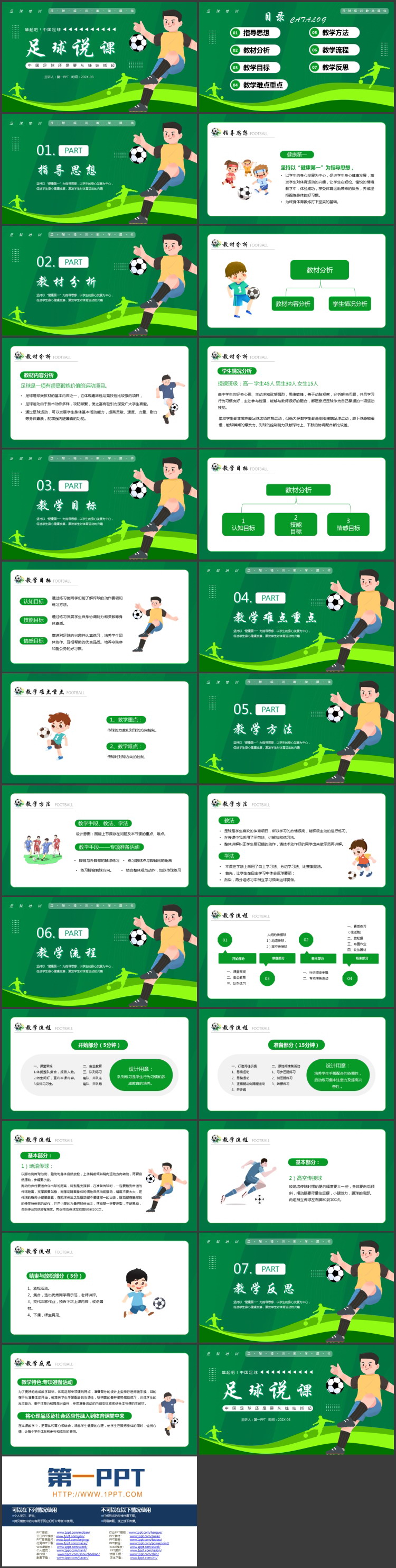绿色卡通男孩背景的足球说课培训教育PPT模板