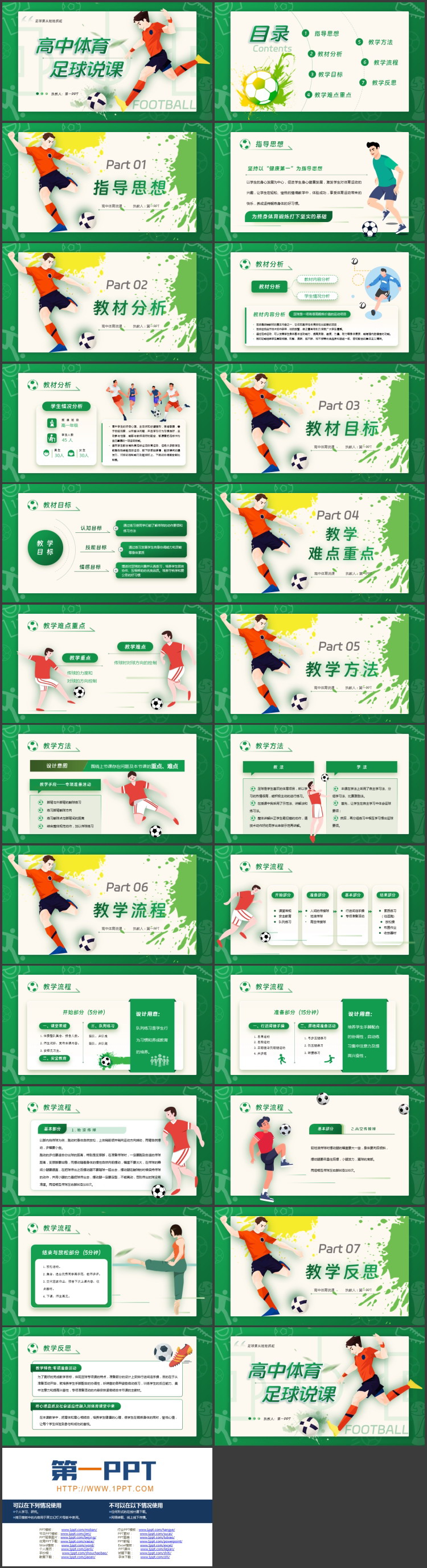 绿色卡通足球运动员背景的高中体育足球说课PPT模板