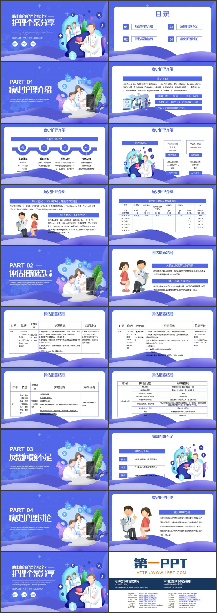 蓝色矢量医生剪切画背景的脑出血的护理个案分享PPT模板