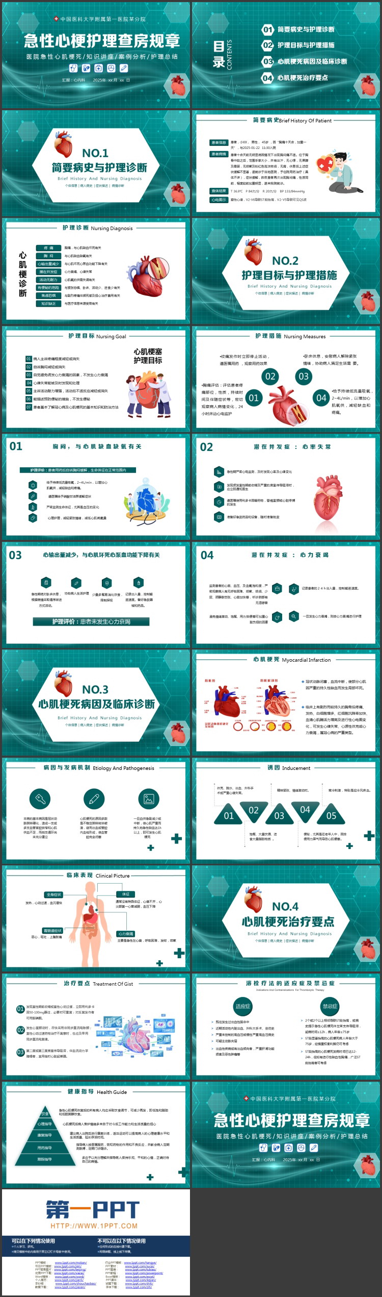 绿色点线网格背景的急性心梗护理查房规章知识讲座PPT模板