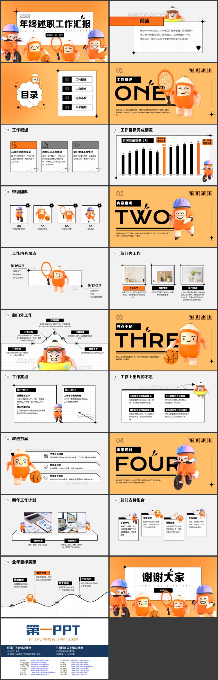 橙色立体卡通风格的年终述职工作汇报PPT模板下载