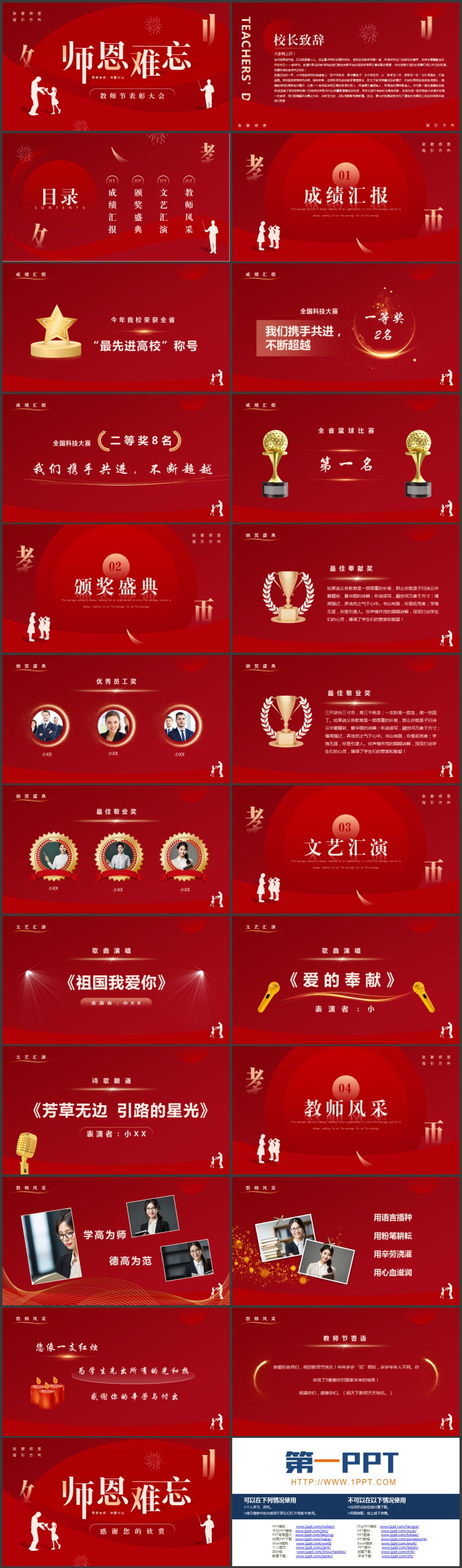 红色教师人物剪影背景的“师恩难忘”教师节表彰大会PPT模板