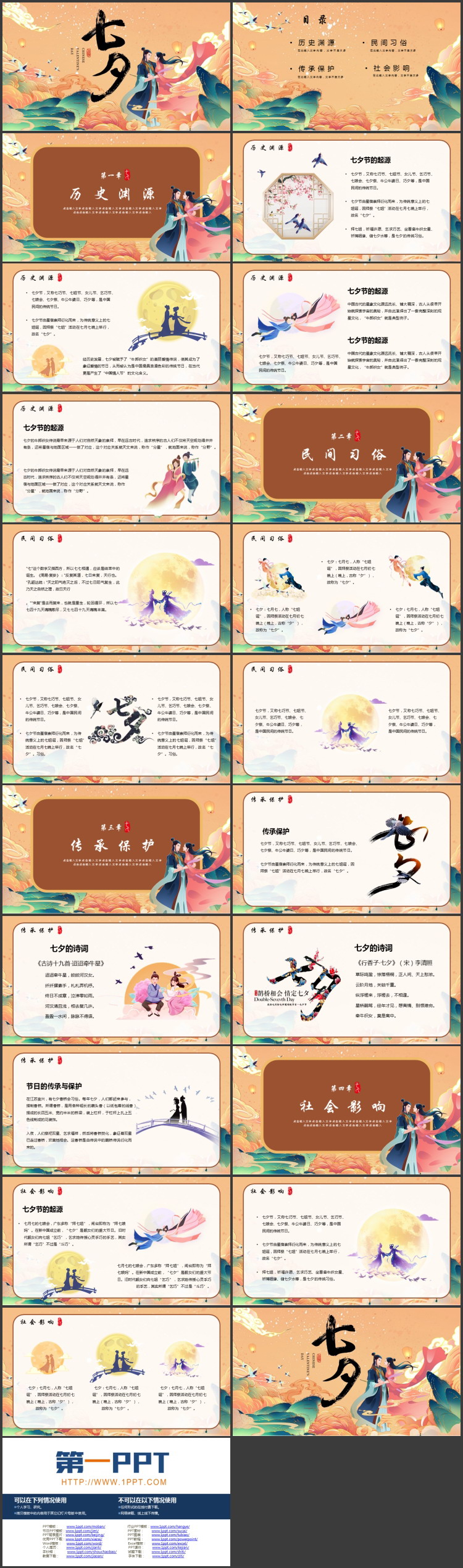 国潮风牛郎织女背景的七夕节日介绍PPT模板