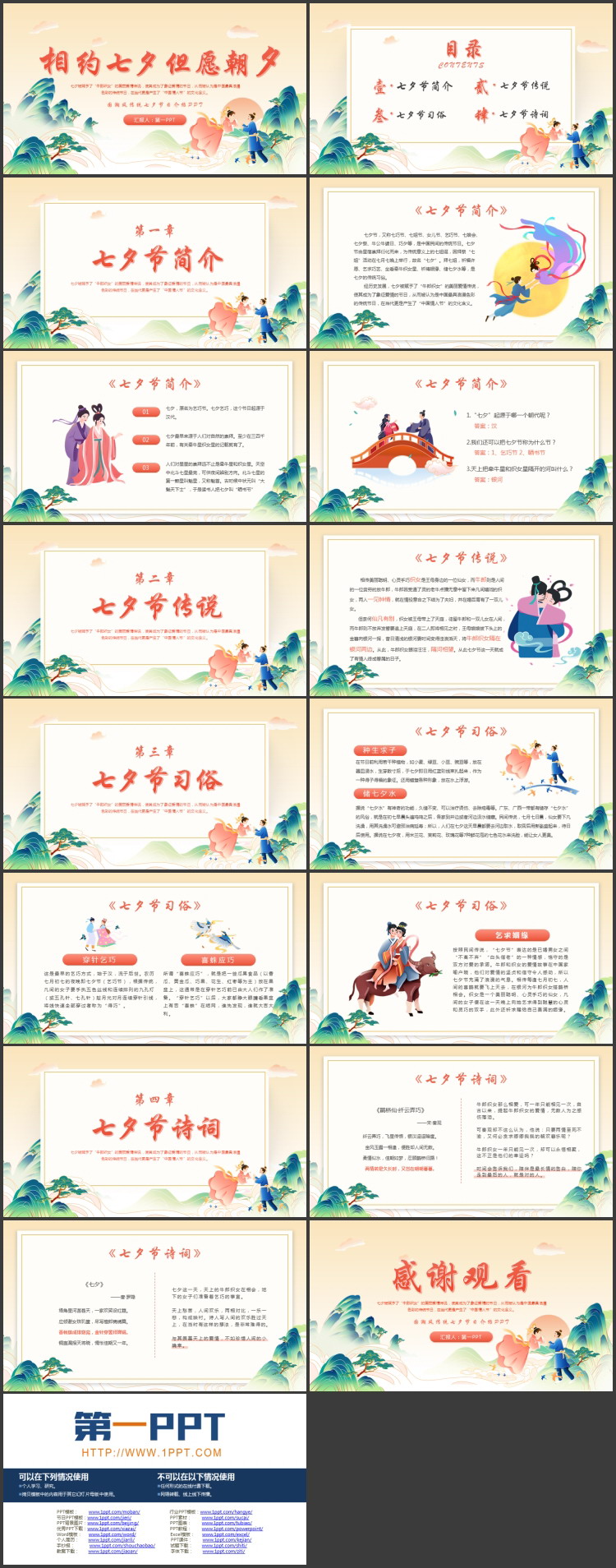 “相约七夕但愿朝夕”国潮风传统七夕节日介绍PPT模板