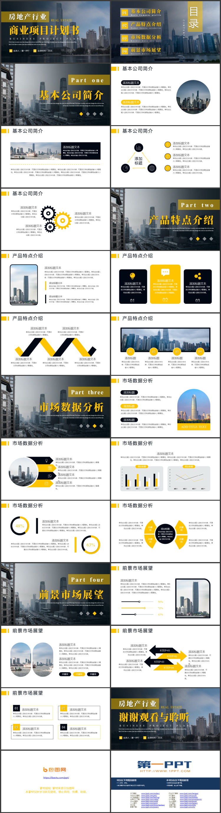 黄黑配色城市建筑背景的房地产行业商业项目计划书PPT模板