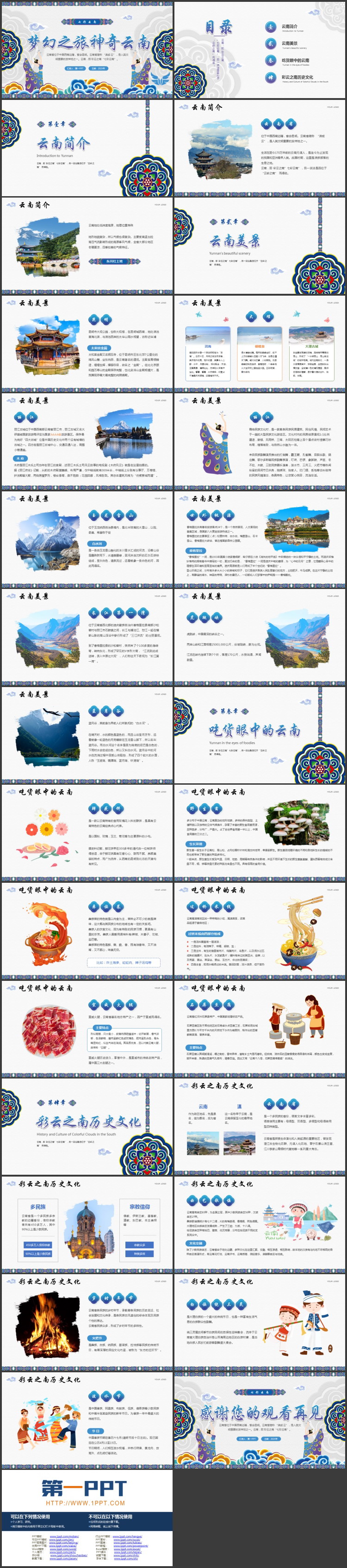 蓝色古典花纹背景的梦幻之旅神奇云南PPT模板