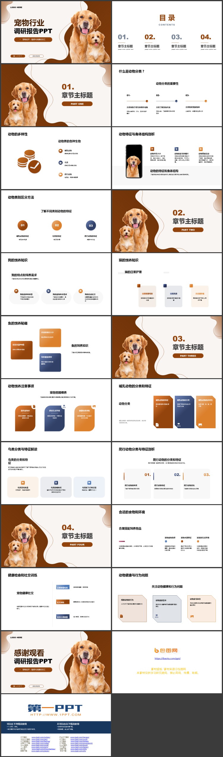褐色小狗背景的宠物行业调研报告PPT模板