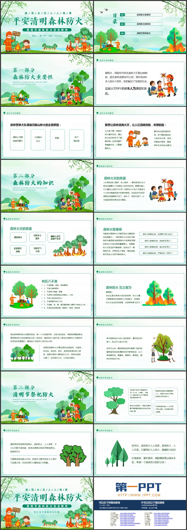 绿色卡通消防员背景的“平安清明森林防火”清明节森林防火安全教育PPT模板