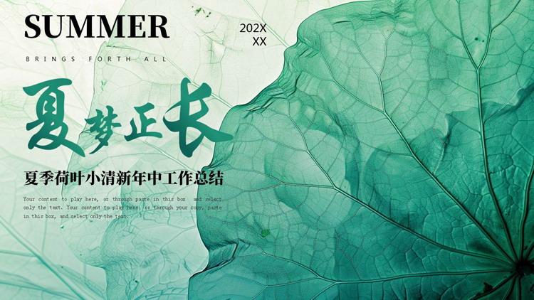 绿色“夏梦正长”夏季荷叶小清新年中工作总结PPT模板