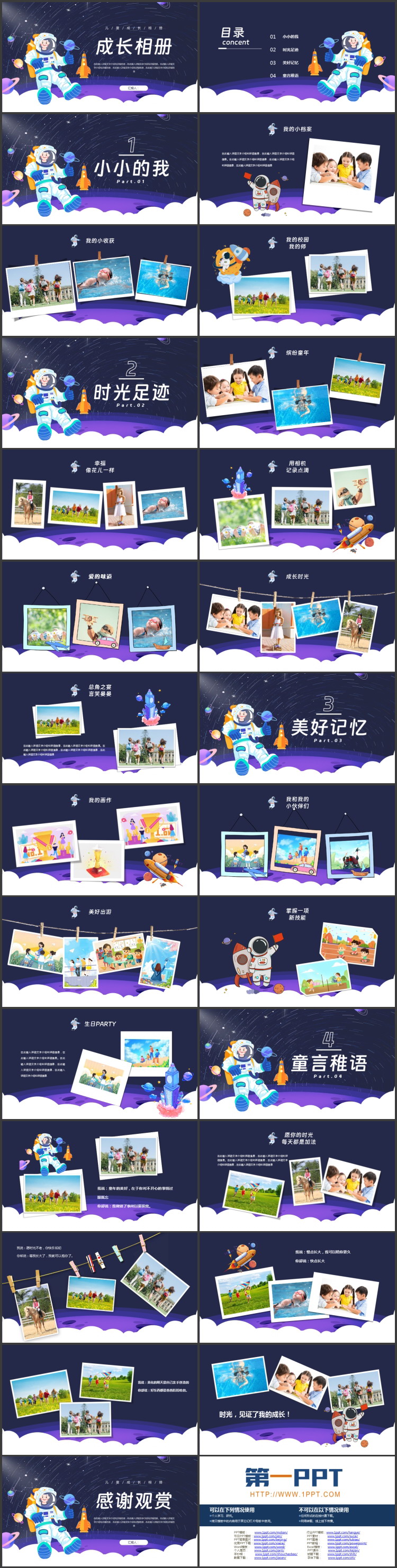 蓝色卡通宇航员背景的儿童成长相册PPT模板