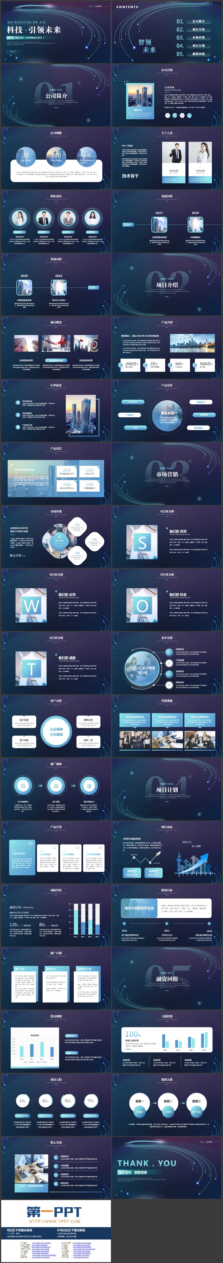 蓝色线条光线背景的科技风“科技·引领未来”互联网商业计划书PPT模板