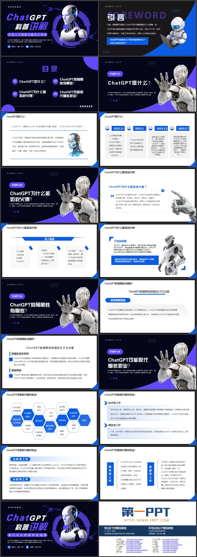 蓝色机器人背景的“ChatGPT科普讲解”企业人工智能主题员工培训PPT模板