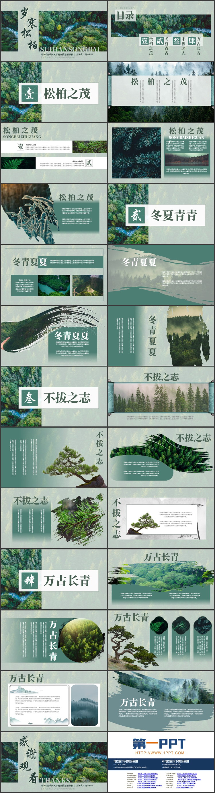 绿色“岁寒松柏”新中式森系国风营销宣传通用PPT模板