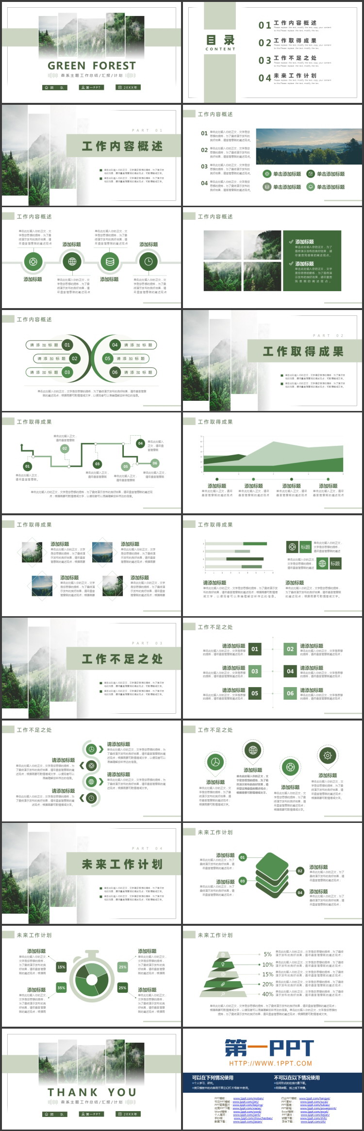 绿色森林背景的森系主题工作总结汇报PPT模板下载