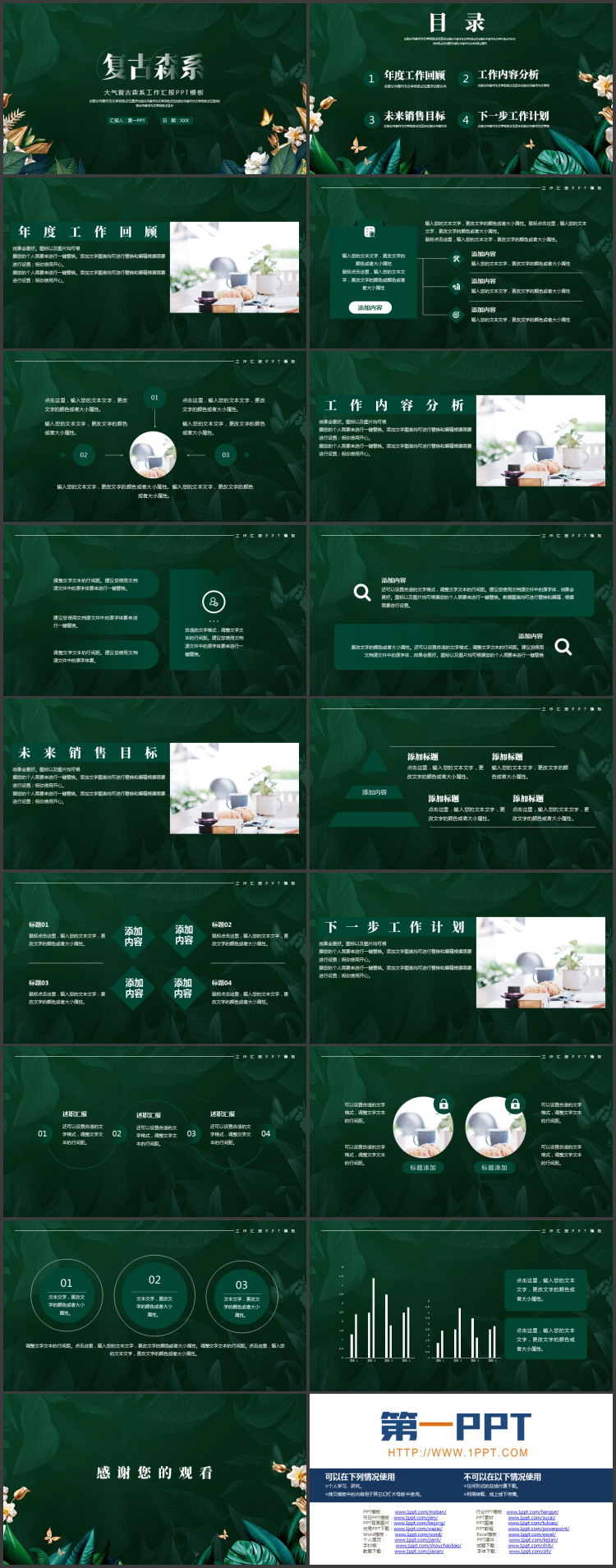 绿色树叶背景的大气复古森系工作汇报PPT模板