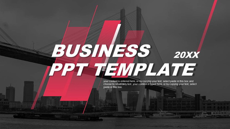 红黑配色城市建筑背景的欧美商务汇报PPT模板