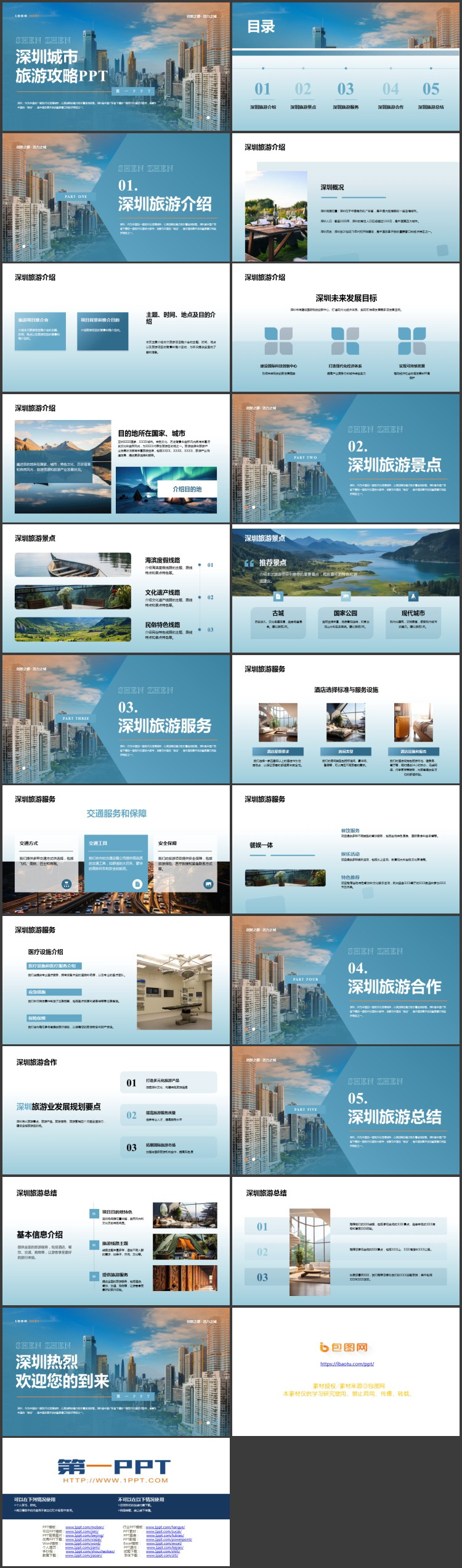 蓝色城市建筑背景的深圳城市旅游攻略PPT模板