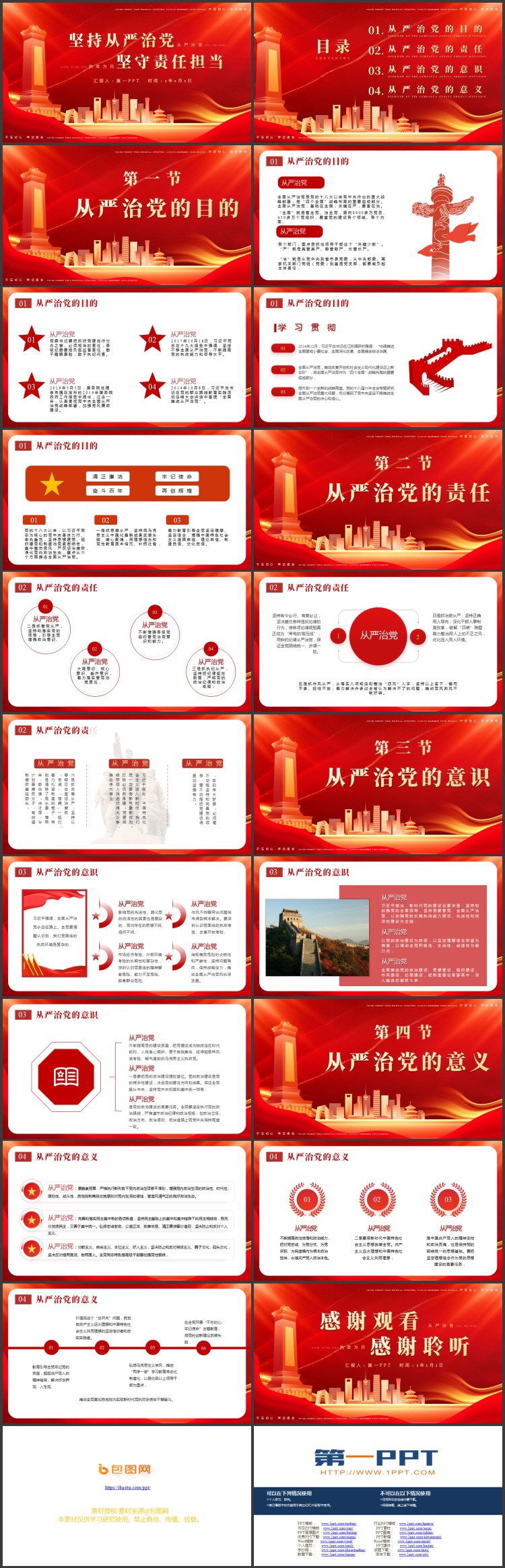 红色城市剪影背景的“坚持从严治党坚守责任担当”党课教育PPT模板