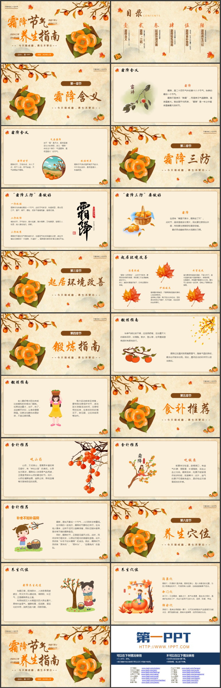 橙色插画风霜降节气养生指南PPT模板
