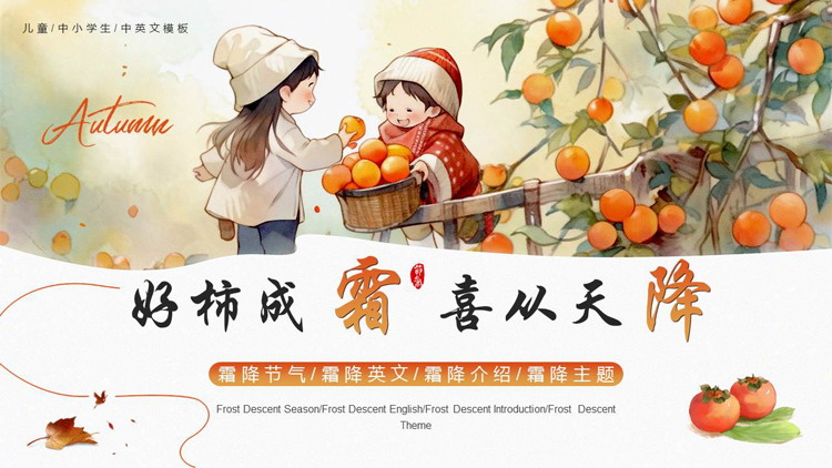 橙色插画风“好柿成霜喜从天降”霜降节气英文介绍PPT模板