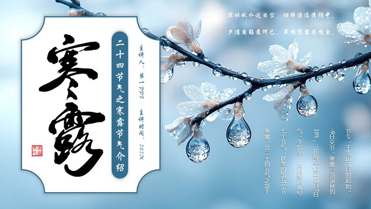 蓝色挂满露水的树枝背景的寒露节气介绍PPT模板