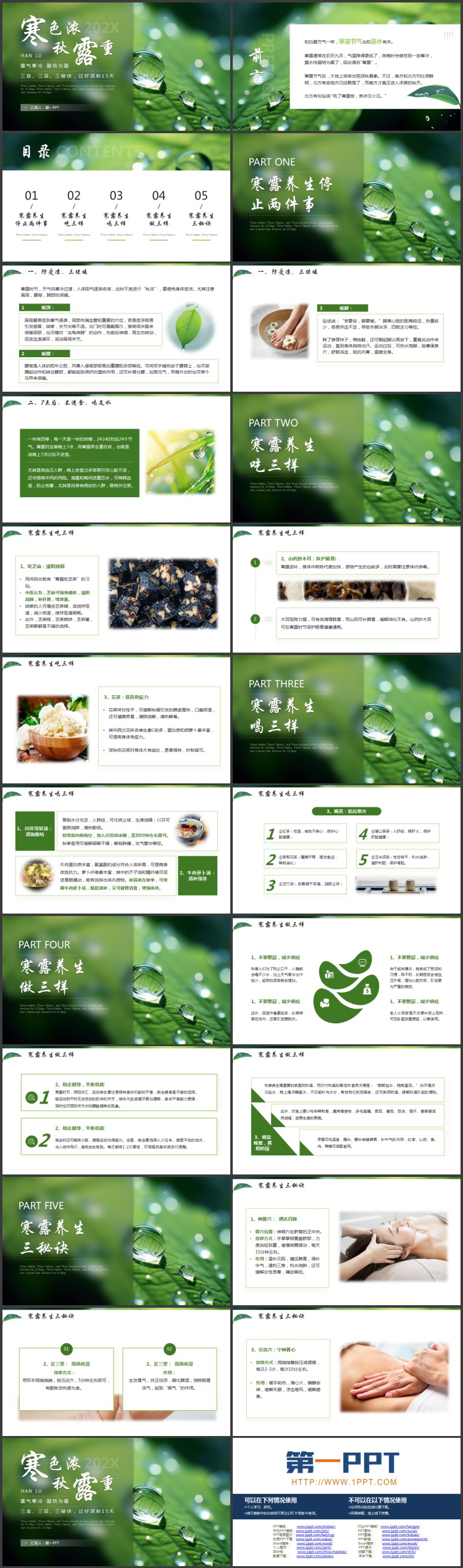 绿色树叶上的露水背景的“寒色浓秋露重”寒露节气介绍PPT模板