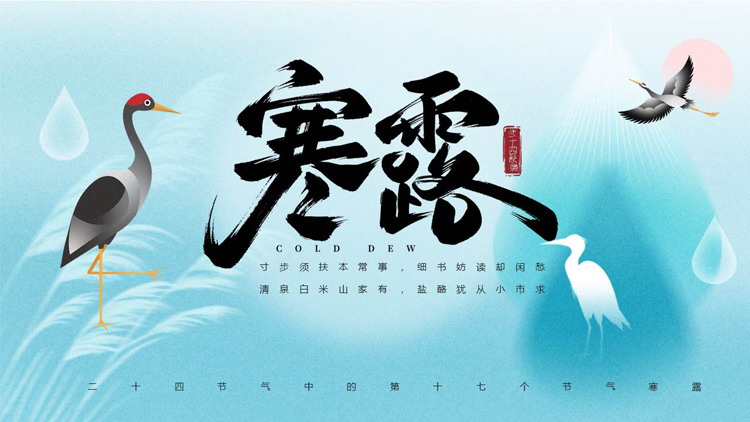 蓝色仙鹤芦苇背景的水彩风寒露节气介绍PPT模板