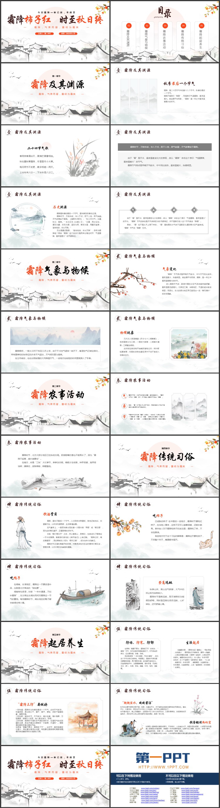 水墨中国风背景的“霜降柿子红时至秋日终”霜降节气介绍PPT模板