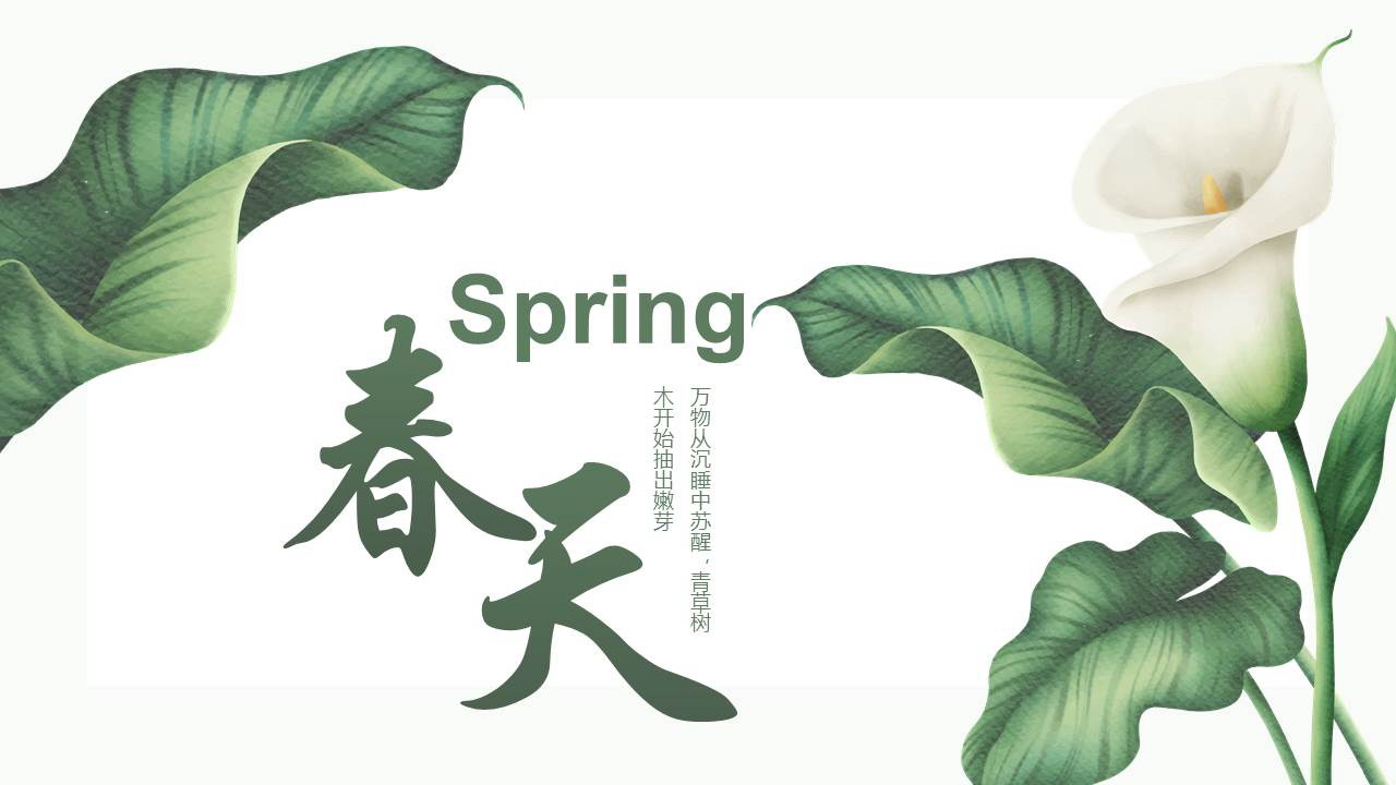 绿色清新花卉树叶背景的春天主题通用商务汇报PPT模板