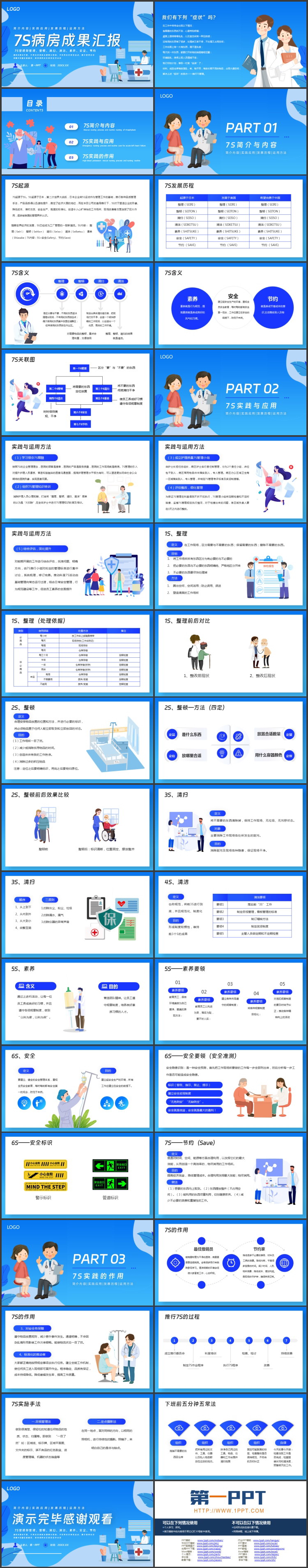 蓝色矢量医生剪切画背景的7S病房成果汇报PPT模板