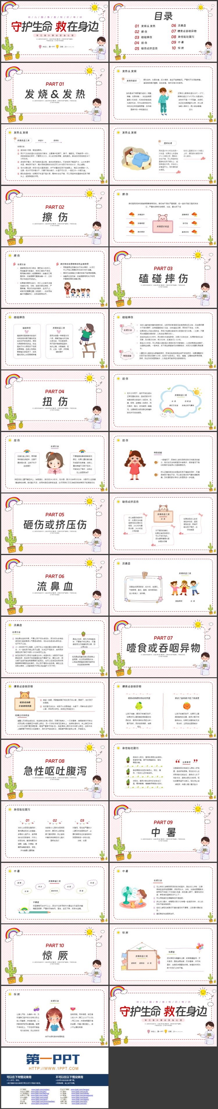 多彩卡通风格的“守护生命救在身边”幼儿园急救知识培训PPT模板