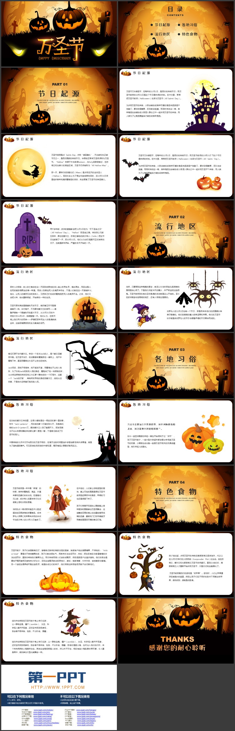 卡通南瓜灯背景的万圣节节日介绍PPT模板
