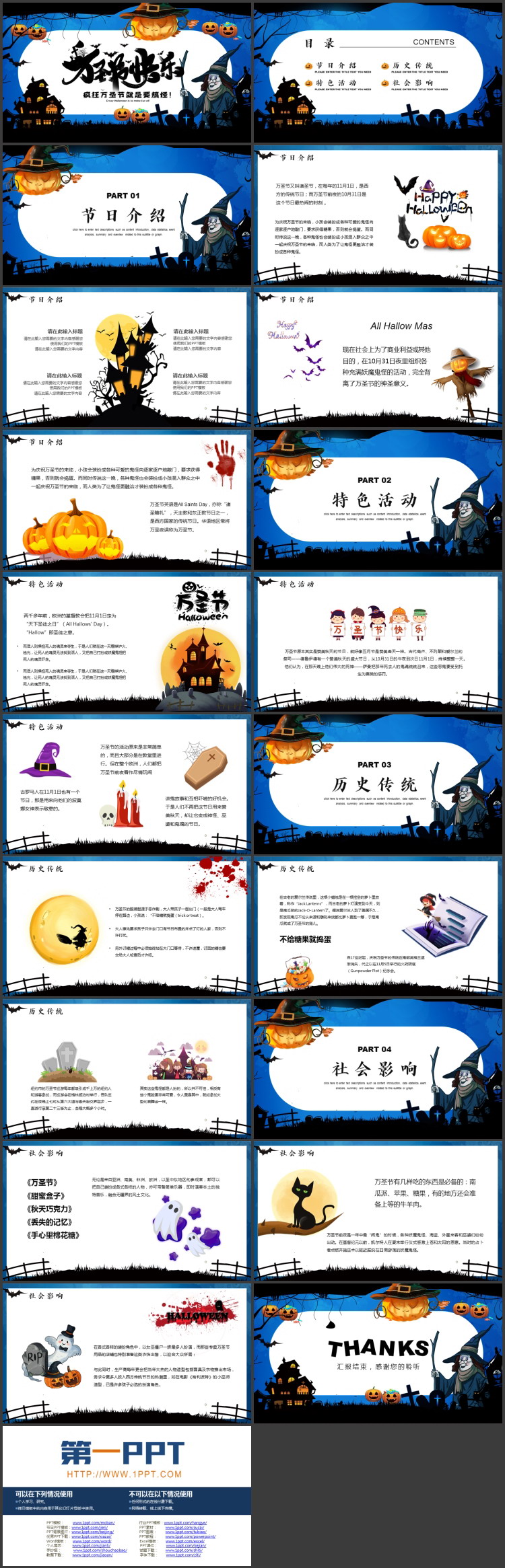 蓝色卡通女巫背景的“万圣节快乐”万圣节节日介绍PPT模板