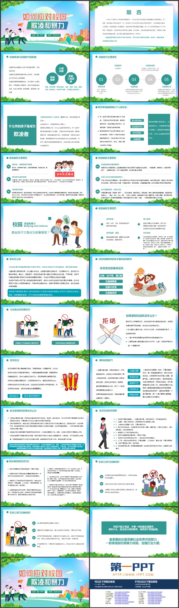 绿色卡通风格的如何应对校园欺凌和暴力主题班会PPT模板下载