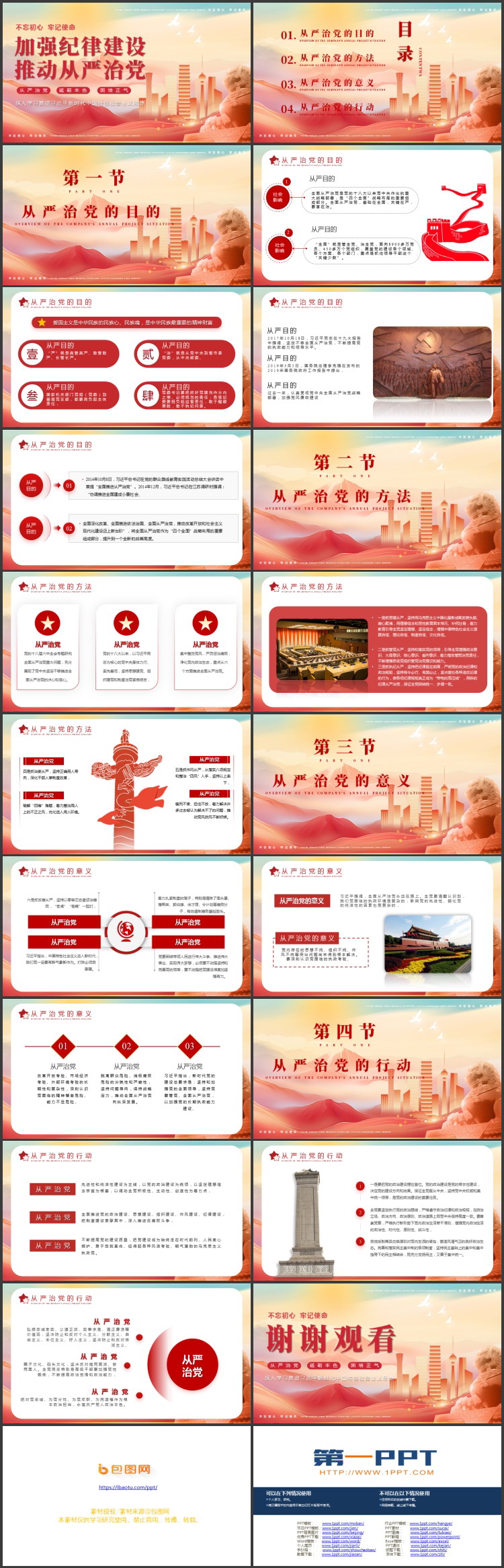 红色城市剪影背景的大气党政风“加强纪律建设推动从严治党”党课教育PPT模板