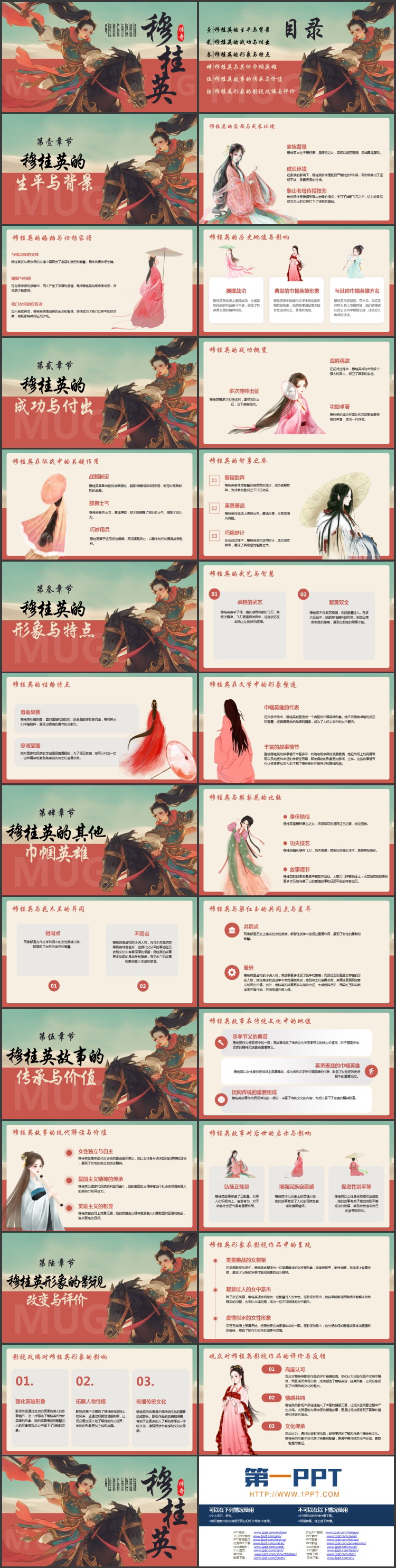 红绿古代女将背景的穆桂英人物介绍PPT下载