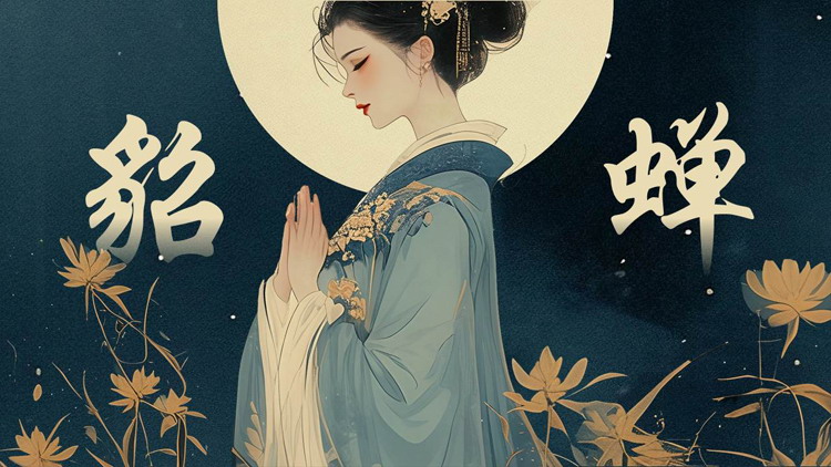 蓝色古典美女背景的貂蝉人物介绍PPT下载