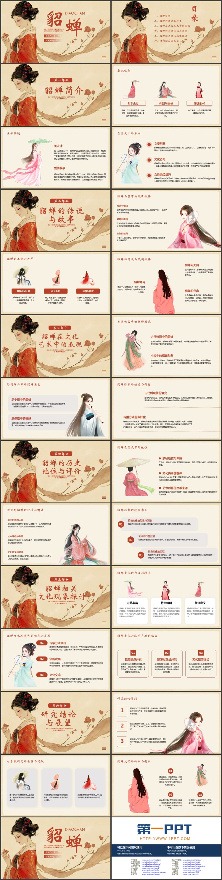 红色古典美女背景的貂蝉人物介绍PPT下载