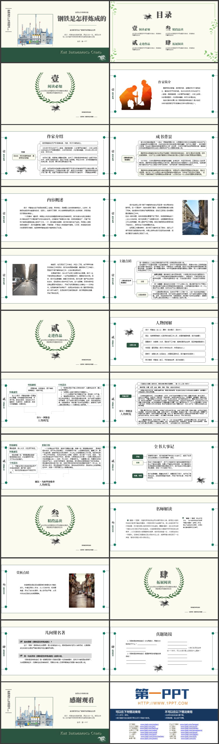 绿色《钢铁是怎样炼成的》读书分享经典导读PPT下载