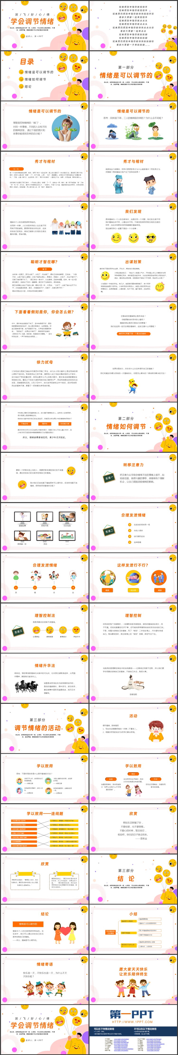 黄色卡通风格的学会调节情绪知识讲座PPT模板