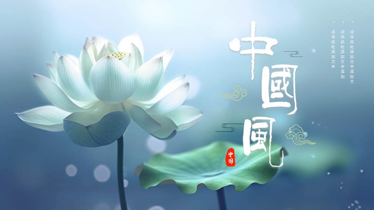 蓝色唯美荷花背景的中国风通用PPT模板