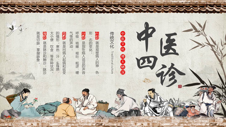 古风中医背景的“中医四诊”中医文化宣传介绍PPT模板