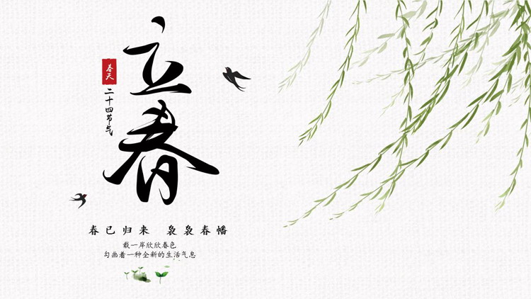 绿色柳叶背景的中国风立春节气介绍PPT模板