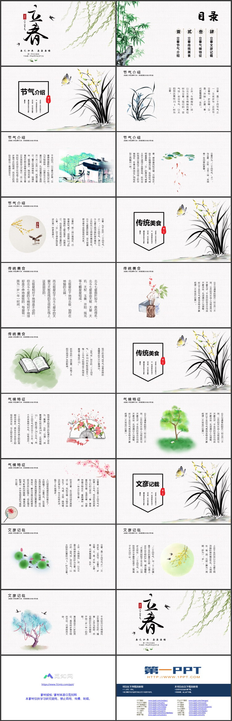绿色柳叶背景的中国风立春节气介绍PPT模板