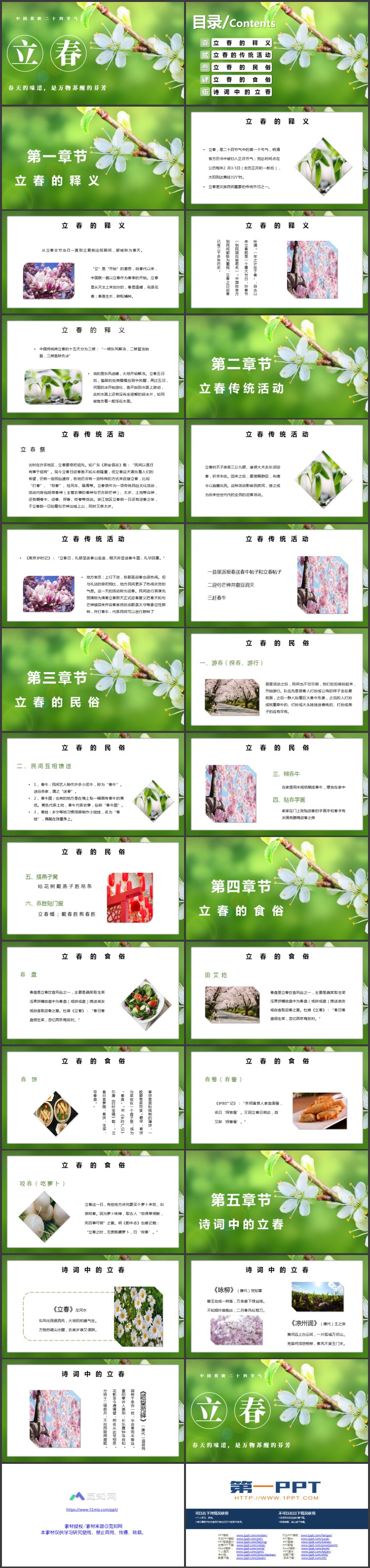 绿色清新梨花背景的立春节气介绍PPT模板